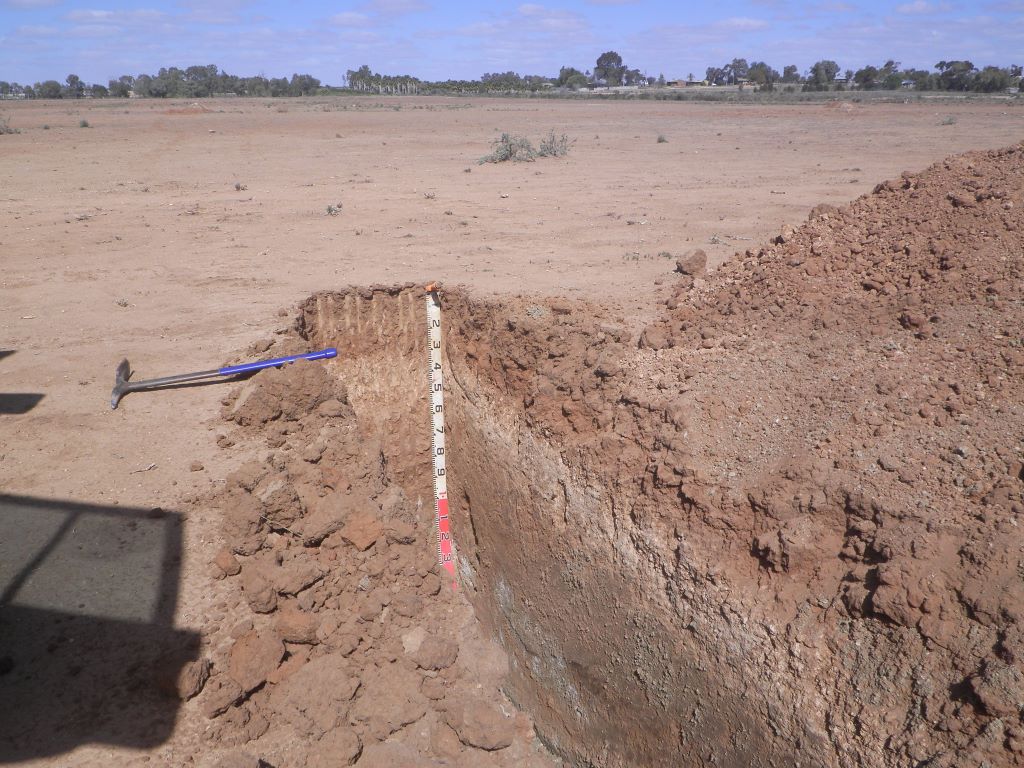 Image shows a soil pit with measuring device to determine depth.