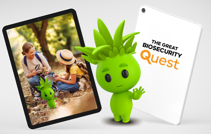 Image shows the lime green biosecurity mascot leaning against an apple. The mascot is lime green, with a round head and body, black eyes and hair that resembles plant fronds. To its left is a tablet device and to its right is a document.