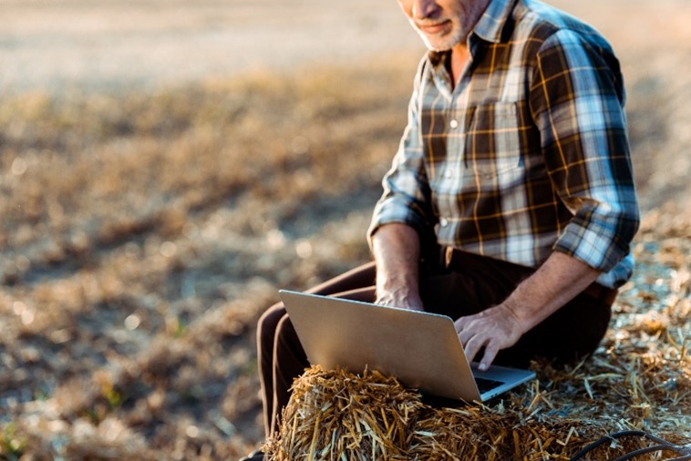 Image of a person sitting on a bale of hay using a laptop.