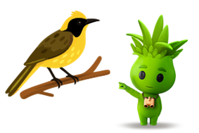 Cartoon image of a bird on a tree branch next to Aggie, the biosecurity mascot.