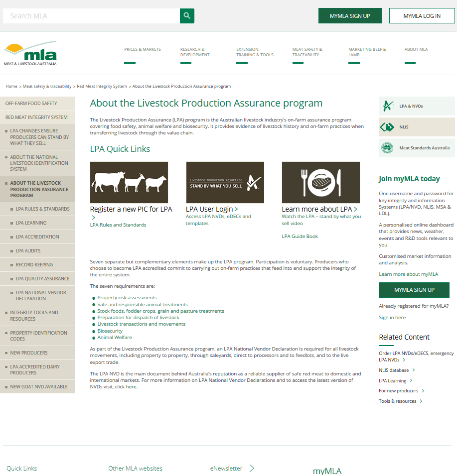 Screenshot of the LPA landing page on the MLA website