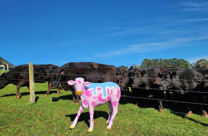 Calf cow sculpture standing in a paddock with green grass with black Angus cattle behind a fence. The sculpture is painted in a contemporary style featuring light and dark pinks, blue, white and gold colours.  