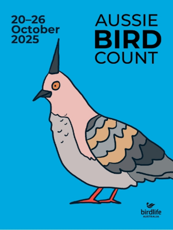 Blue image of a stylised cartoon pigeon, featuring the words, 'Aussie Bird Count' and '20–26 October 2025', along with the logotype of Birdlife Australia.