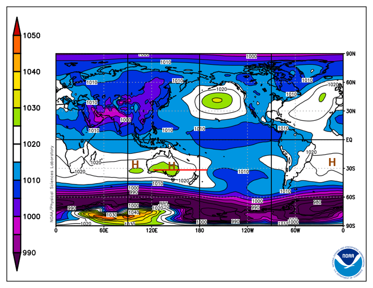 Map of the world showing the STR of high pressure was positioned over southern Australia at a normal position at the top of the Bight.