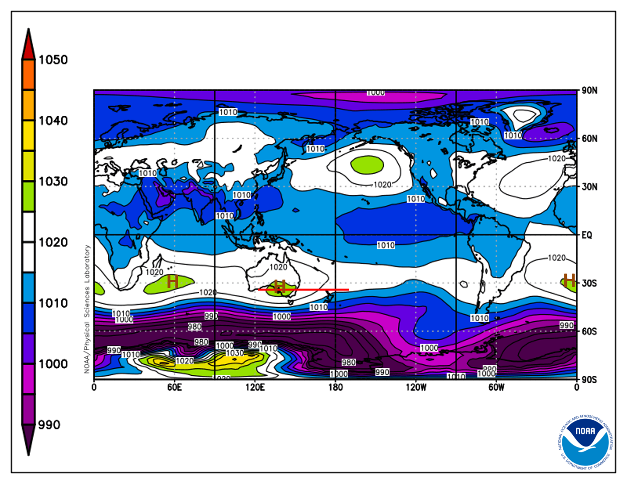 Map of the world showing the STR of high pressure is around a normal position of Adelaide. The high pressure is centred over Victoria.