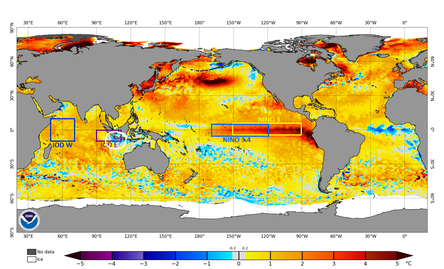 Map of the world showing sea surface temperature anomalies. The central equatorial Pacific is much warmer than average. The Coral Sea and north of Australia are normal and the Indian Ocean is warmer. There is a blob of cold water off the island of Java.
