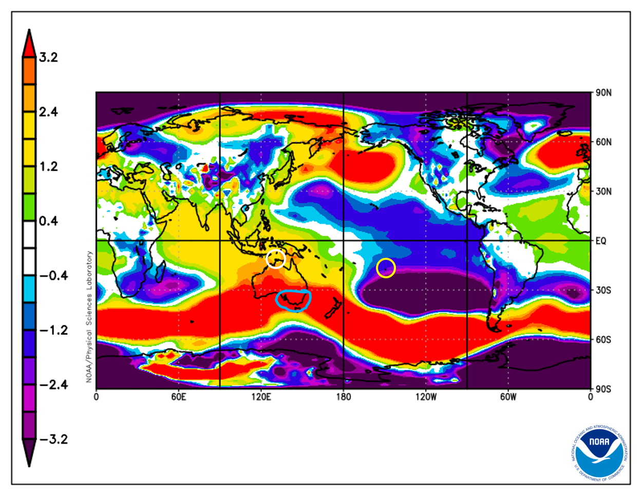 Map of the world showing higher pressure over southern Australia.