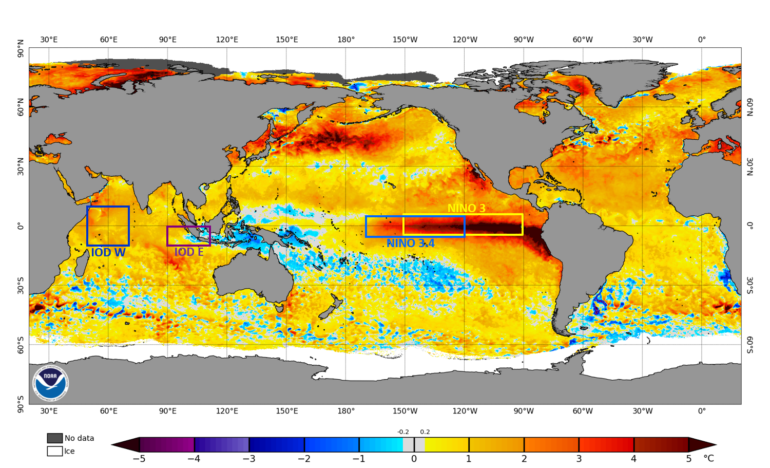 Map of the world showing sea surface temperature anomalies. The central equatorial Pacific is much warmer than average. The Coral Sea and north of Australia are cooler and the Indian Ocean is warmer.