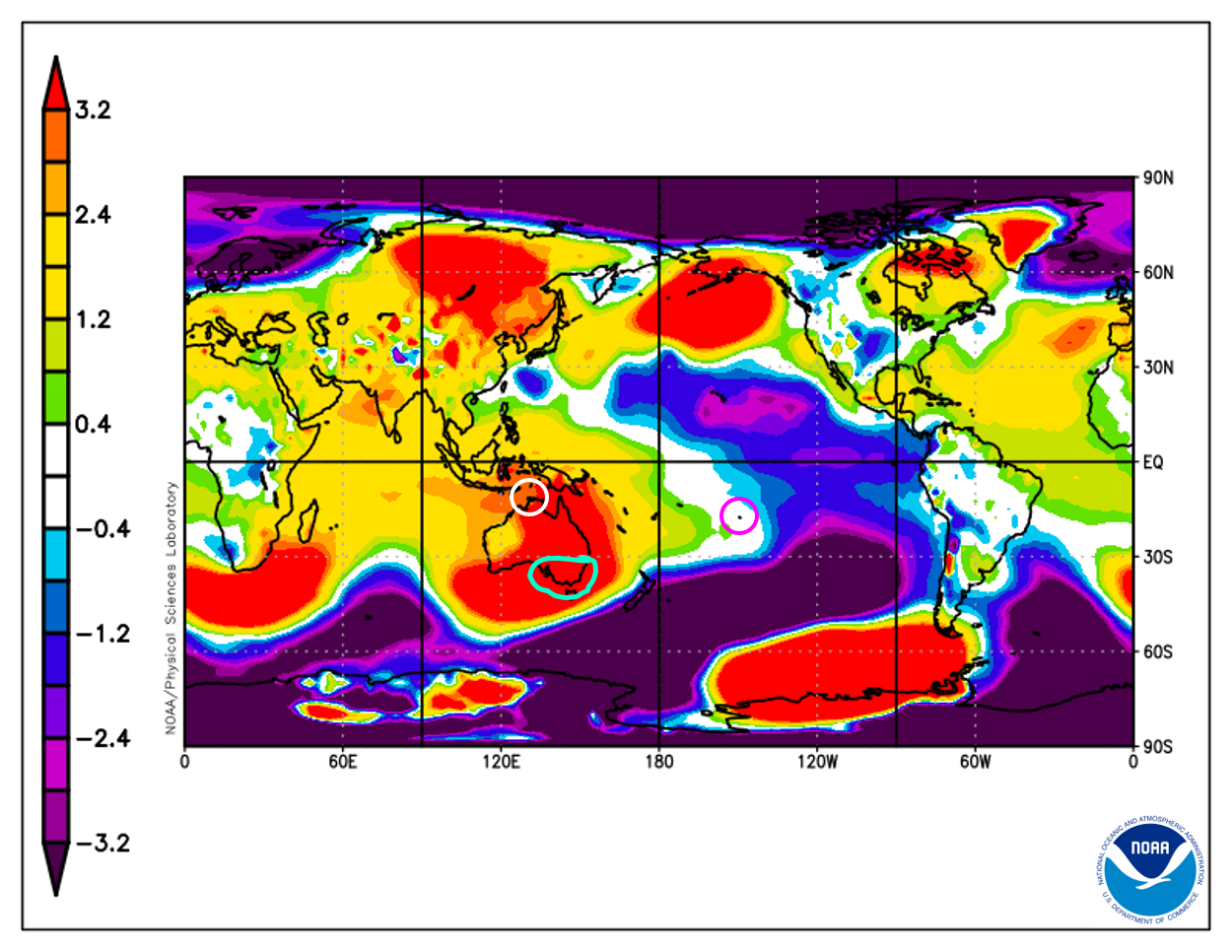 Map of the world showing higher pressure over the majority of Australia.