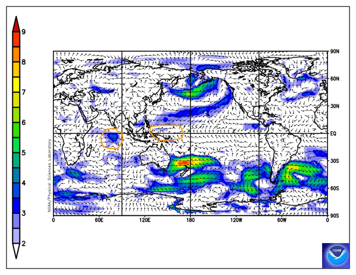 Winds have been normal across the equatorial Pacific Ocean. Stronger westerlies exist in the central Indian Ocean.