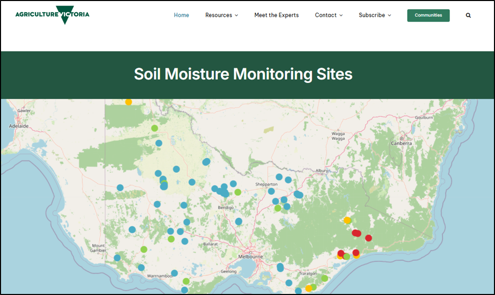 Figure 1: Soil moisture probe dashboard Map from the extensionAUS soil moisture monitoring website, showing locations of soil moisture probes in Victoria.