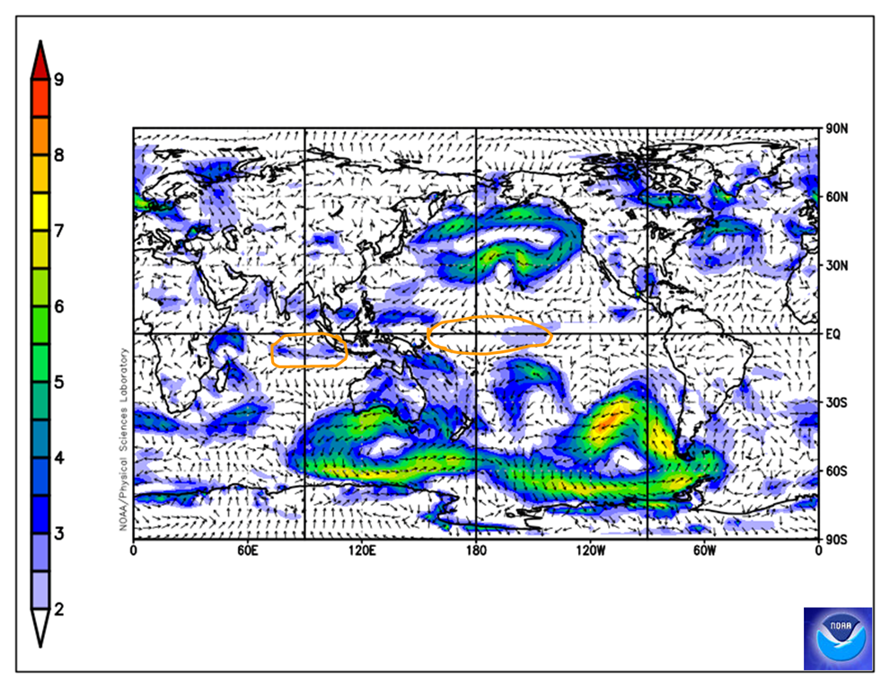 Map showing mainly normal trade wind strength along the Equator and some slightly stronger easterly wind off Sumatra.