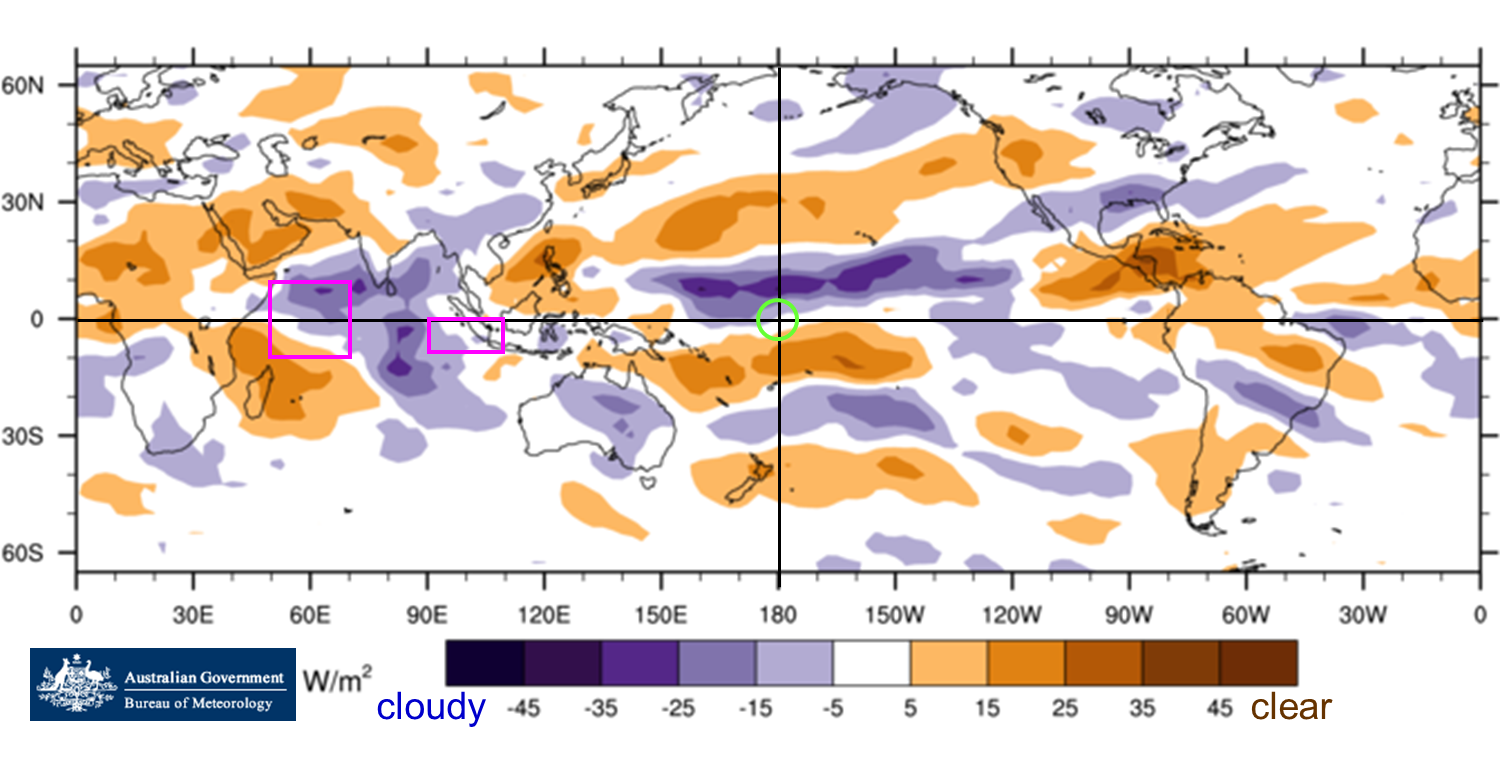 Map of the world showing cloud at the junction of the Date Line and equator is normal.