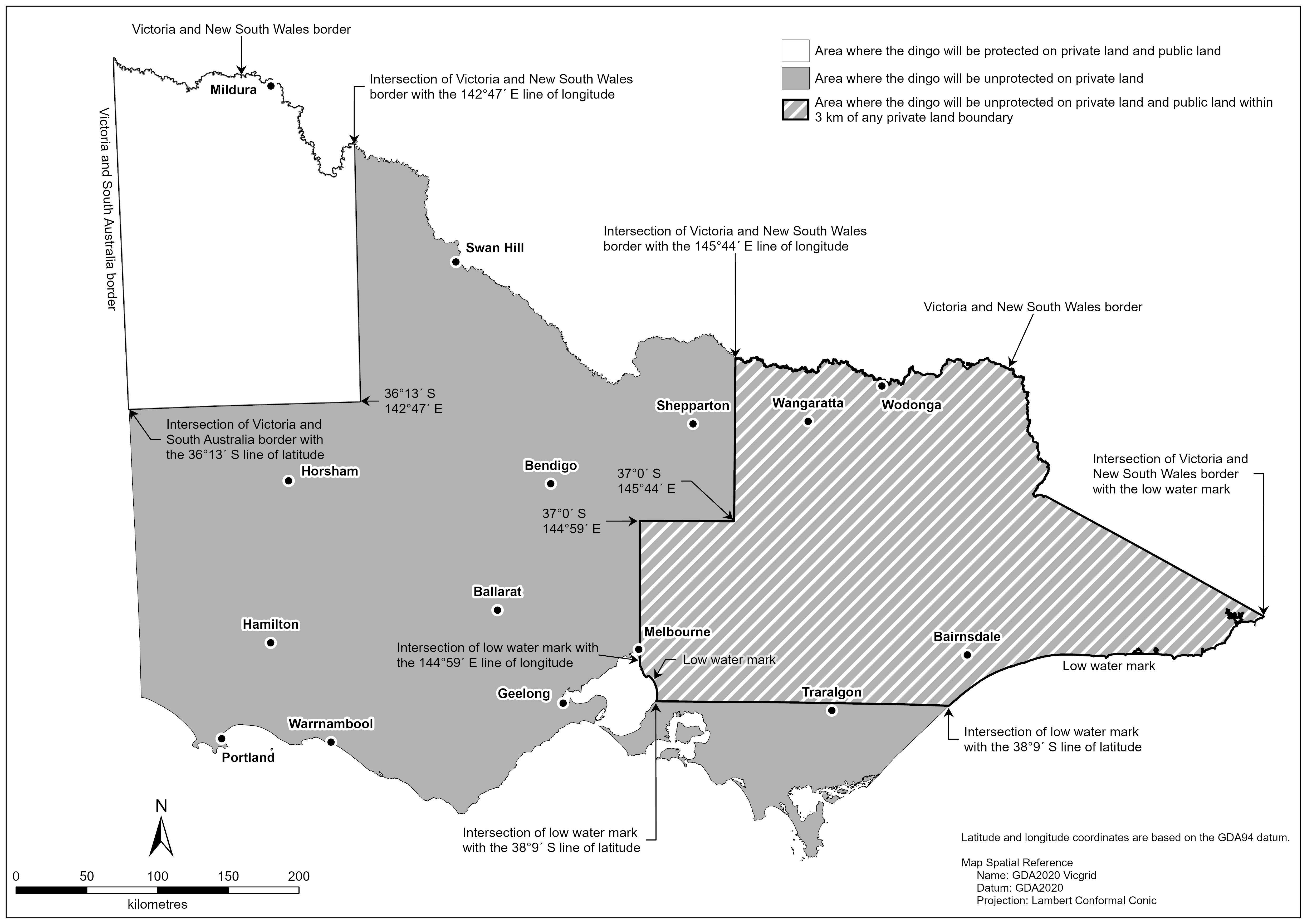 This map shows the areas where wild dogs are protected and areas where they are unprotected. Contact our customer service centre on 136 186 for assistance with this map. has context menu
