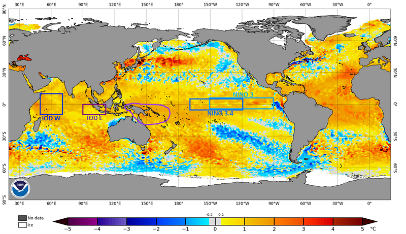 Map of the world showing sea surface temperature anomalies, the equatorial Pacific in slightly warm and the Indian Ocean is warmer in the west than the east. There is warmer water northeast of Australia.