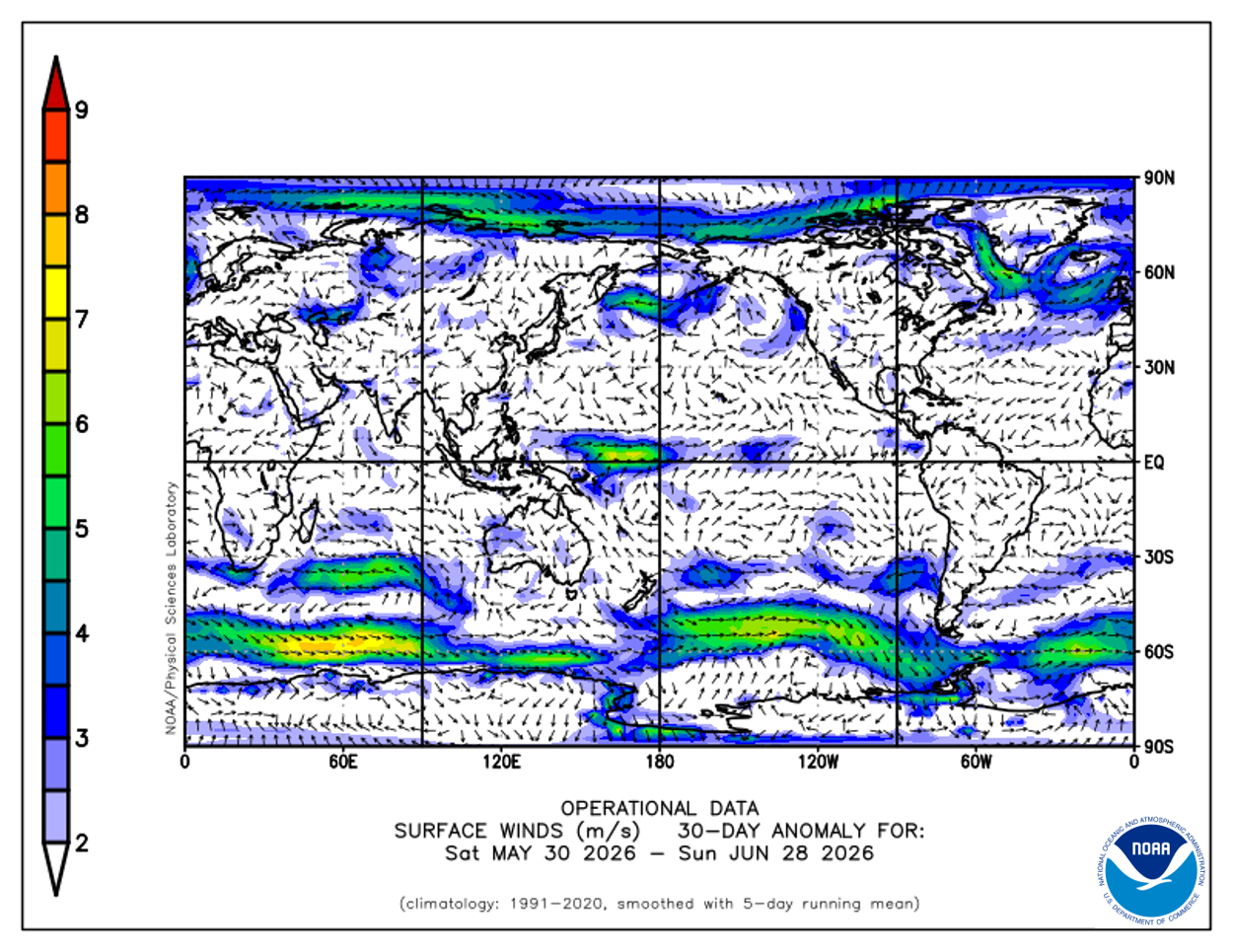Winds have been stronger from the west in the western Pacific Ocean. Other tropical regions are normal.
