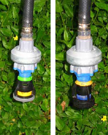 Two examples of sprinklers left and right —  moving plate and fixed plate.  