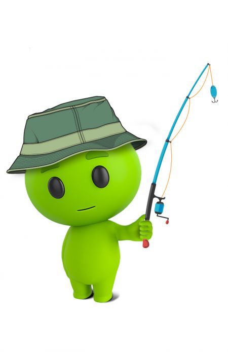 A green cartoon figure holding a fishing pole and wearing a hat