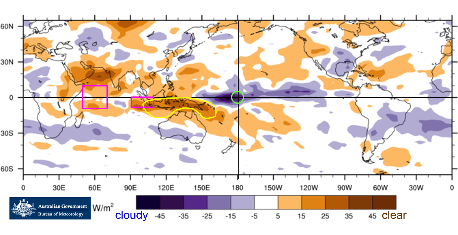 Map of the world showing cloud at the junction of the dateline is much greater with less cloud north of Australia.