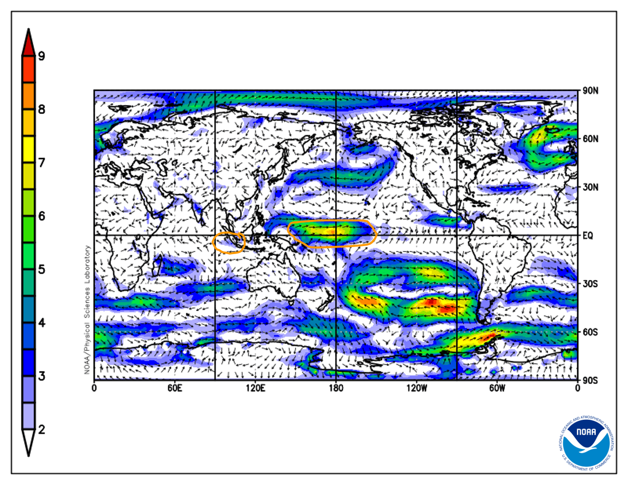 Winds have been stronger from the west in the western Pacific Ocean. In the last week there has been stronger easterly wind off Indonesia.