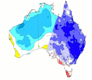 A map of Australia showing example temperature deciles shown on the left half of the map. The right half shows example rainfall deciles.