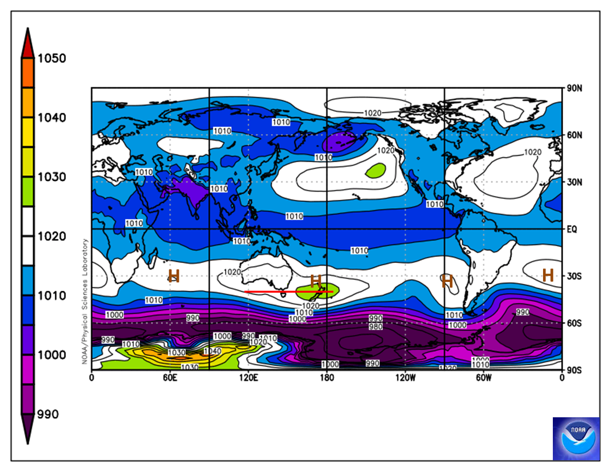 Map of the world showing the STR of high pressure was at a more southern position over Bass Strait.