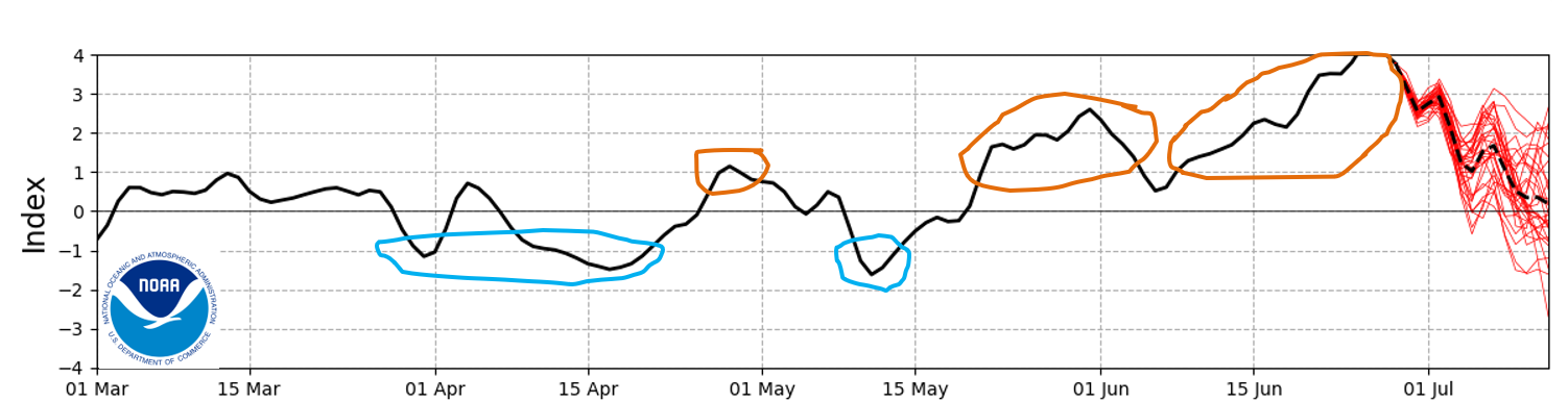 NOAA graph of the SAM showing moderate to strong positive values in June. Currently the SAM value is close to +5 with NOAA model predictions slowly tracking back to neutral over the next 14 days.