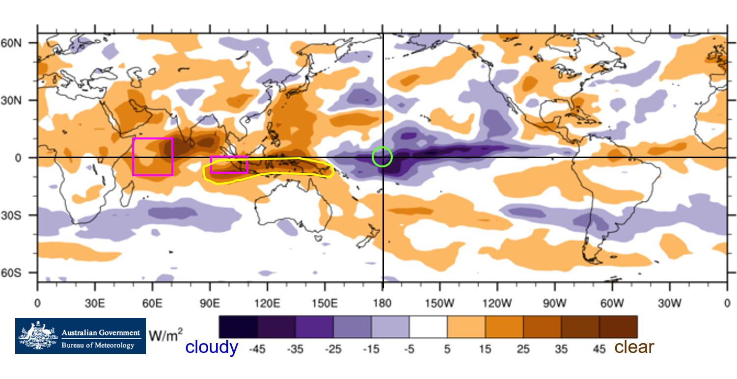 Map of the world showing cloud at the junction of the Date Line is much greater, with less cloud north of Australia.