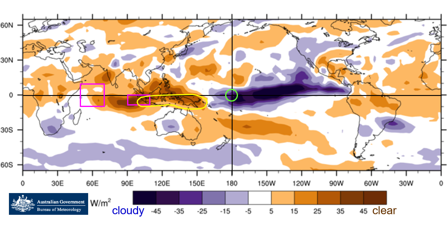 Map of the world showing cloud at the junction of the Date Line is much greater, with less cloud north of Australia.