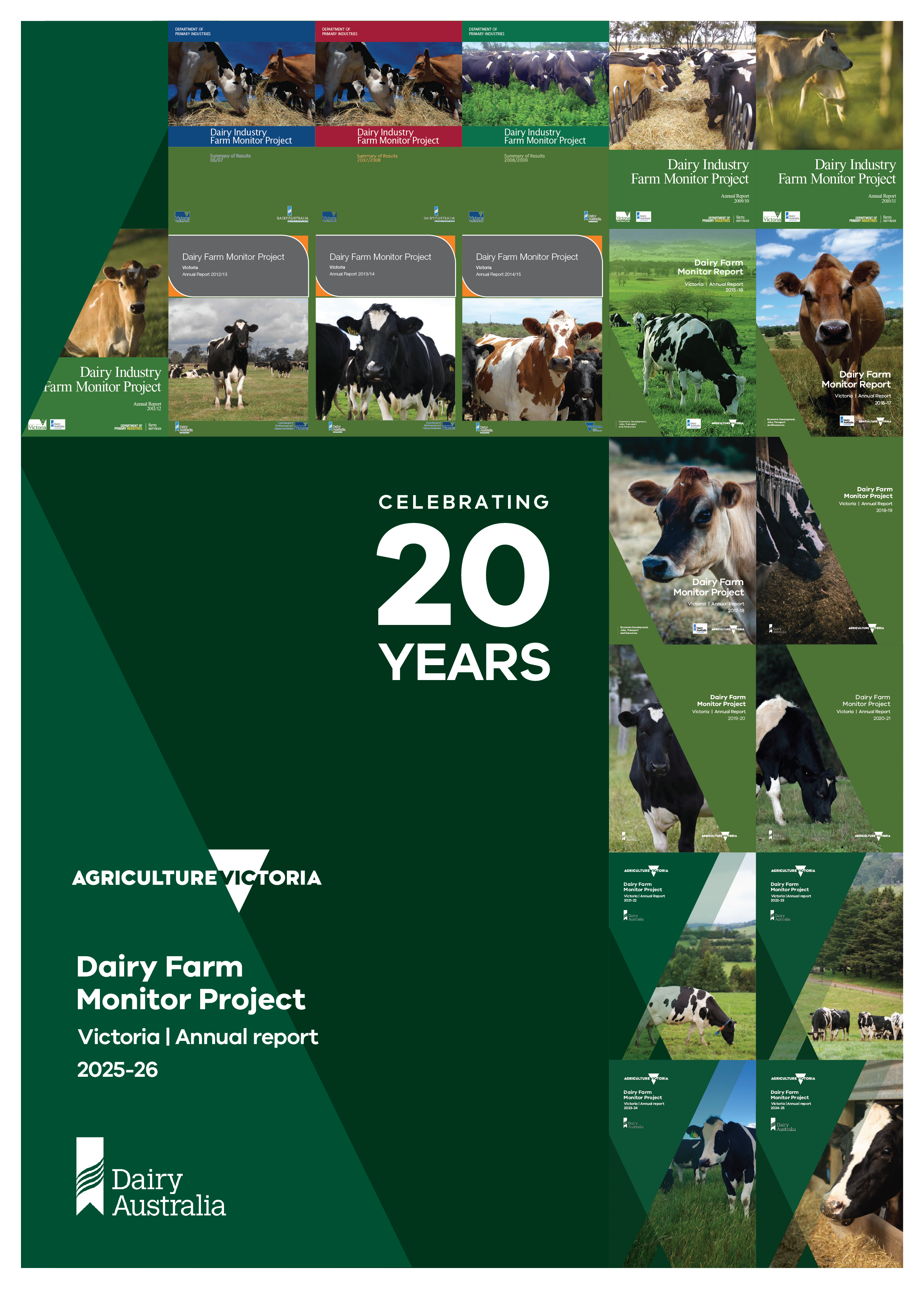 Cover of the Dairy Farm Monitor Project Victoria annual report 2025–26, featuring a collage of Dairy Farm Monitor Project report covers from the past 20 years alongside photographs of dairy cattle and the text “Celebrating 20 Years”.