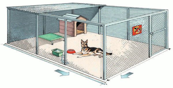 Diagram of a secure dangerous dog enclosure with iron walls on 2 sides, mesh on the other 2 sides with a locked gate and concrete floor Caption: When a guard dog is guarding a non-residential premises it must be securely enclosed by a 1.8 metre high perimeter fence