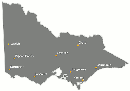 Map of Victoria showing the probe sites at Lawloit, Pigeon Ponds, Dartmoor, Jancourt, Baynton, Longwarry, Yarram, Greta and Bairnsdale