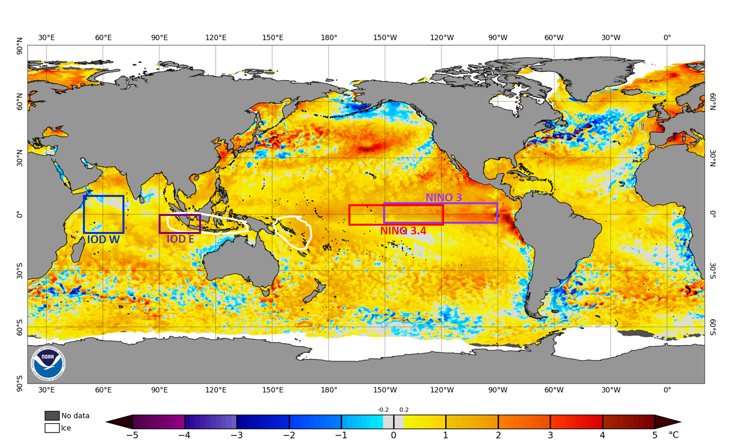 Map of the world showing sea surface temperature anomalies. The central equatorial Pacific is warmer than average. The Coral Sea is warmer and the Indian Ocean is warmer.