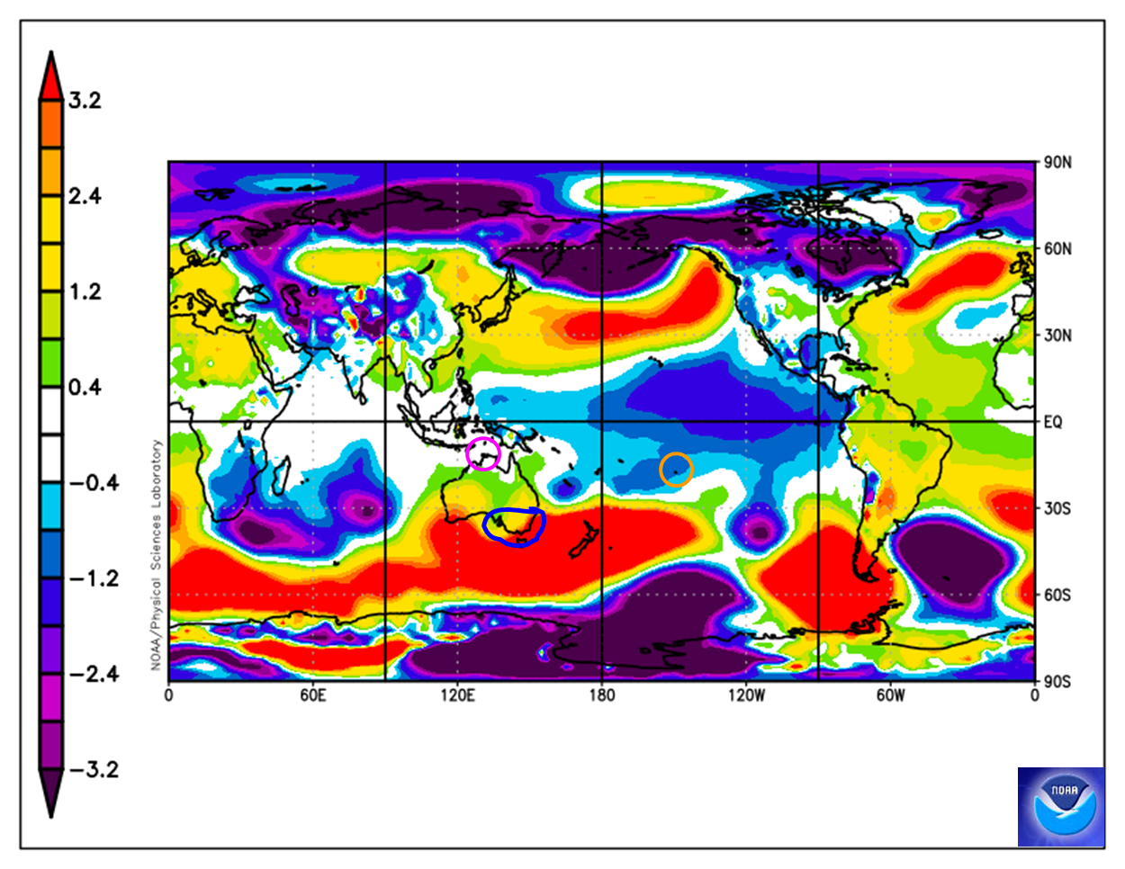 Map of the world showing higher pressure over south-east Australia.