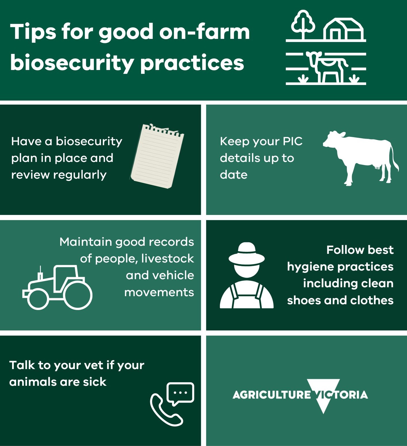 Image shows graphic with green background and six rectangles demonstrating tips for good on-farm biosecurity practices.