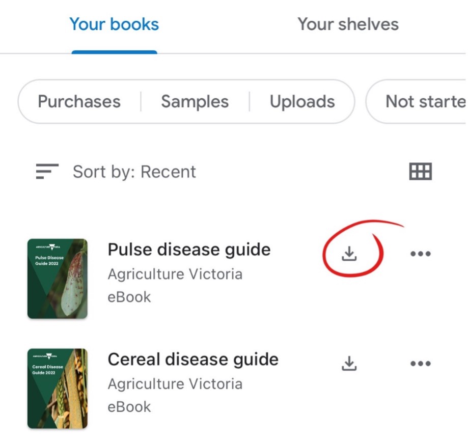 Pulse disease guide and Cereal disease guide with download icon circled.