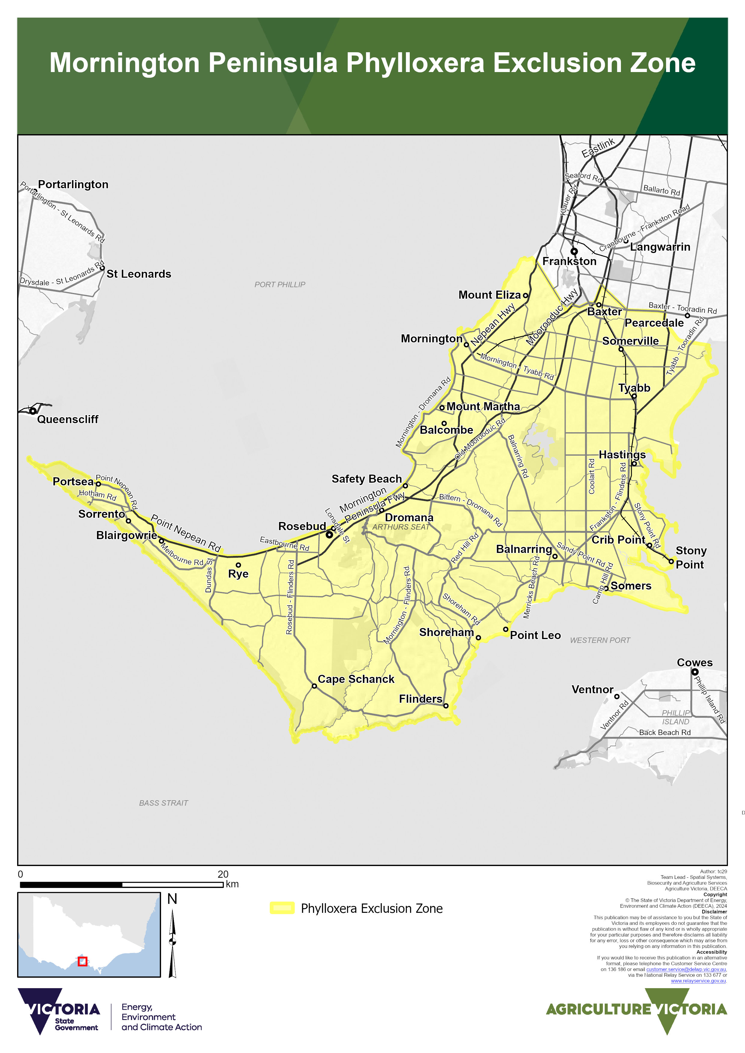 Map showing extent of phylloxera exclusion zones covering the Mornington Peninsula.