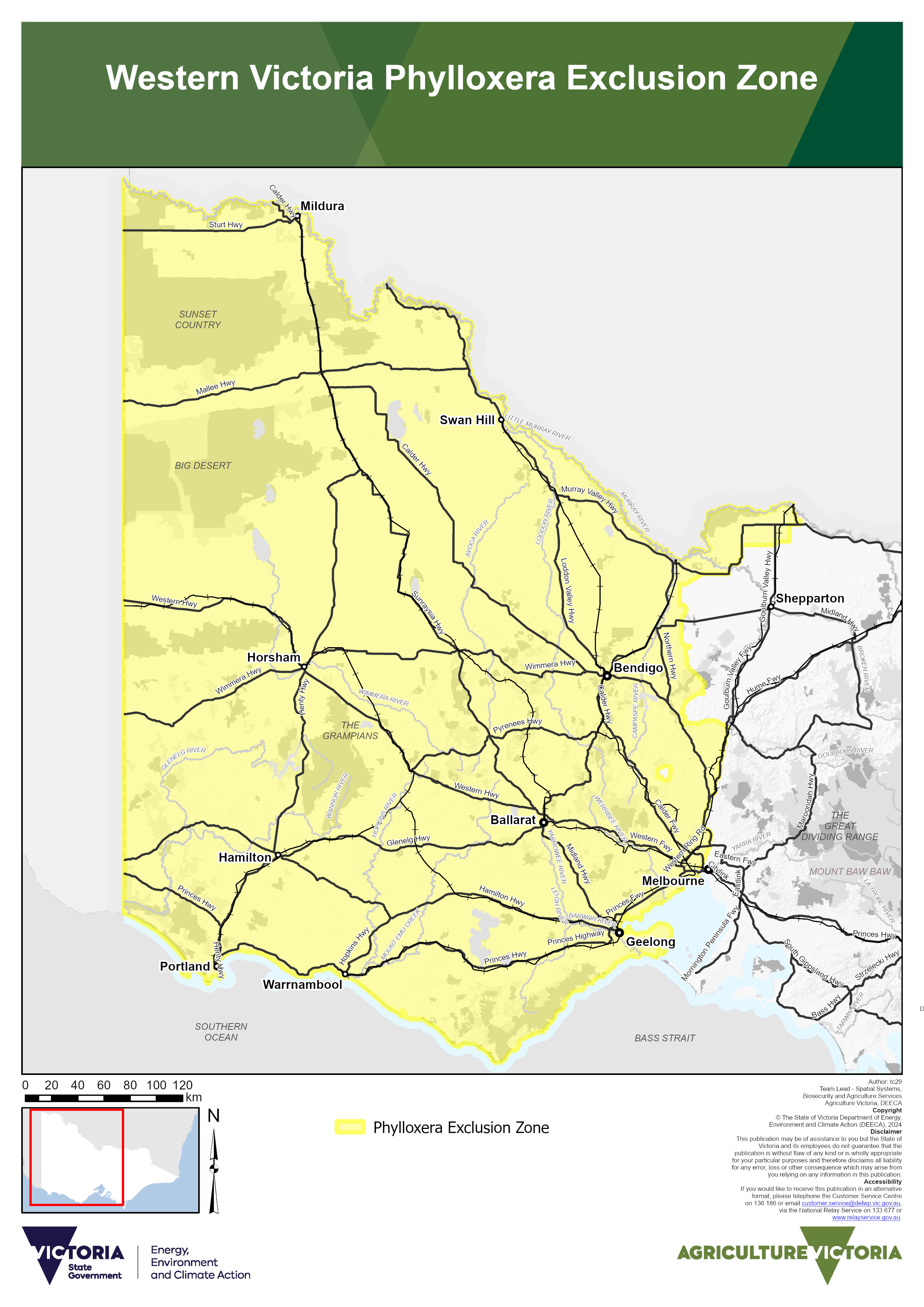 Map showing extent of phylloxera exclusion zones covering the western half of Victoria.