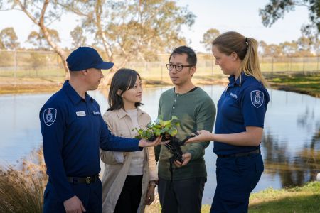 水塘前，两名身穿制服的生物安全官员给土地业主看水葫芦。