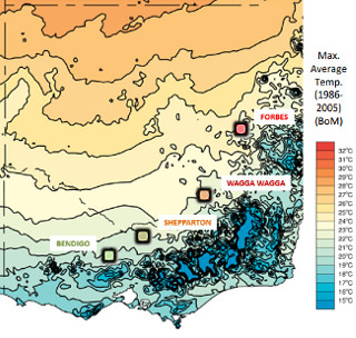An example of a map showing parts of Victoria and NSW with different temperatures in the area.
