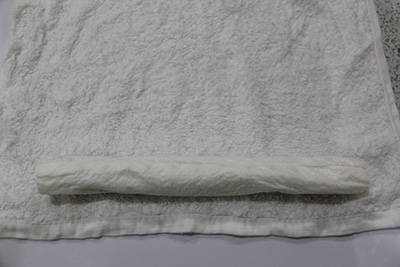 Rolled-up moistened paper towel containing canola seed, laying on a moistened white hand towel.