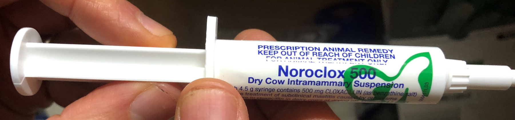 Close up photo of Vet Chem Noroclox syringe.