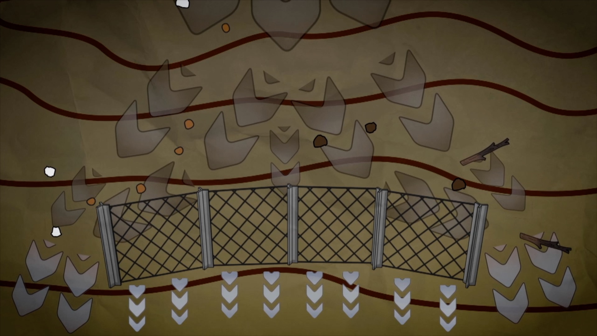 Diagram showing a sediment fence with a downwards curve at each end, which allows runoff water to flow around it.