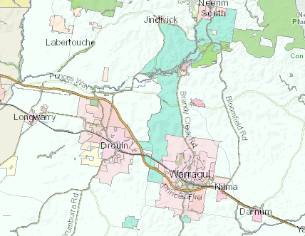 Planning map showing key roads, towns and the various zones differentiated by colour.