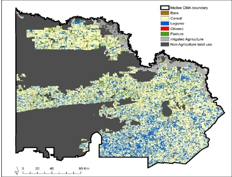 Map with satellite image overlay showing agricultural land cover in the Mallee
