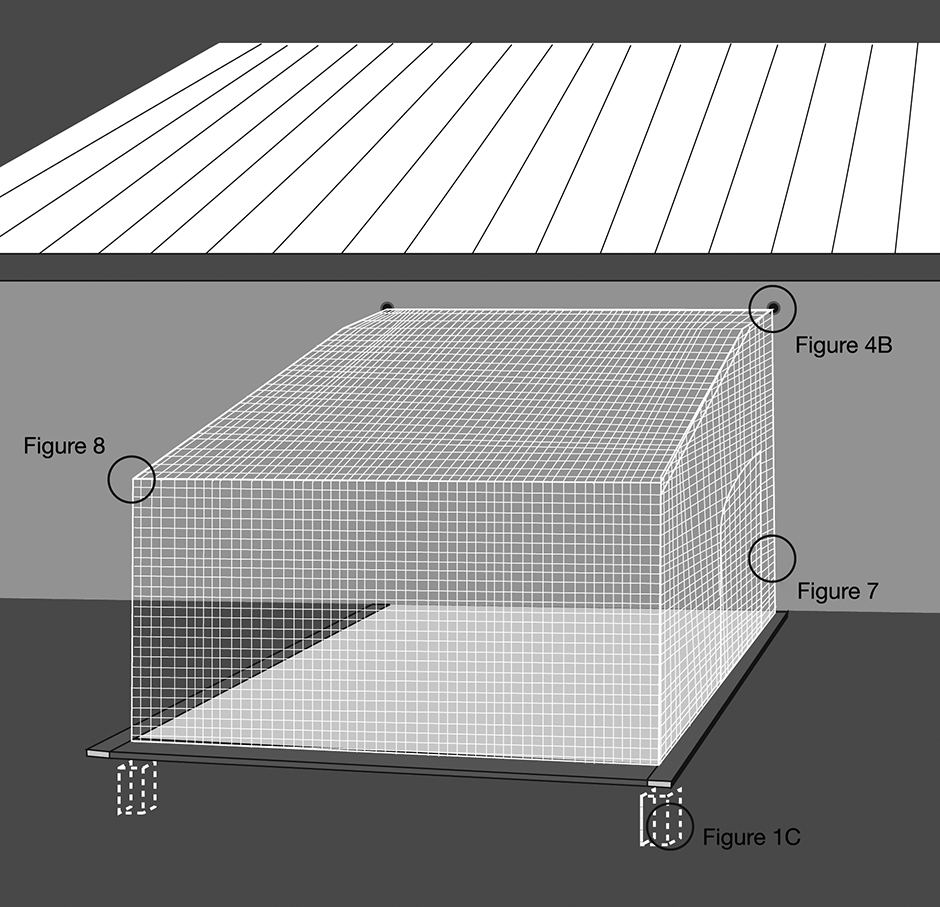 Alternative lightweight enclosure Diagram of lightweight fat enclosure next to a house using flexible netting and a sewn in door