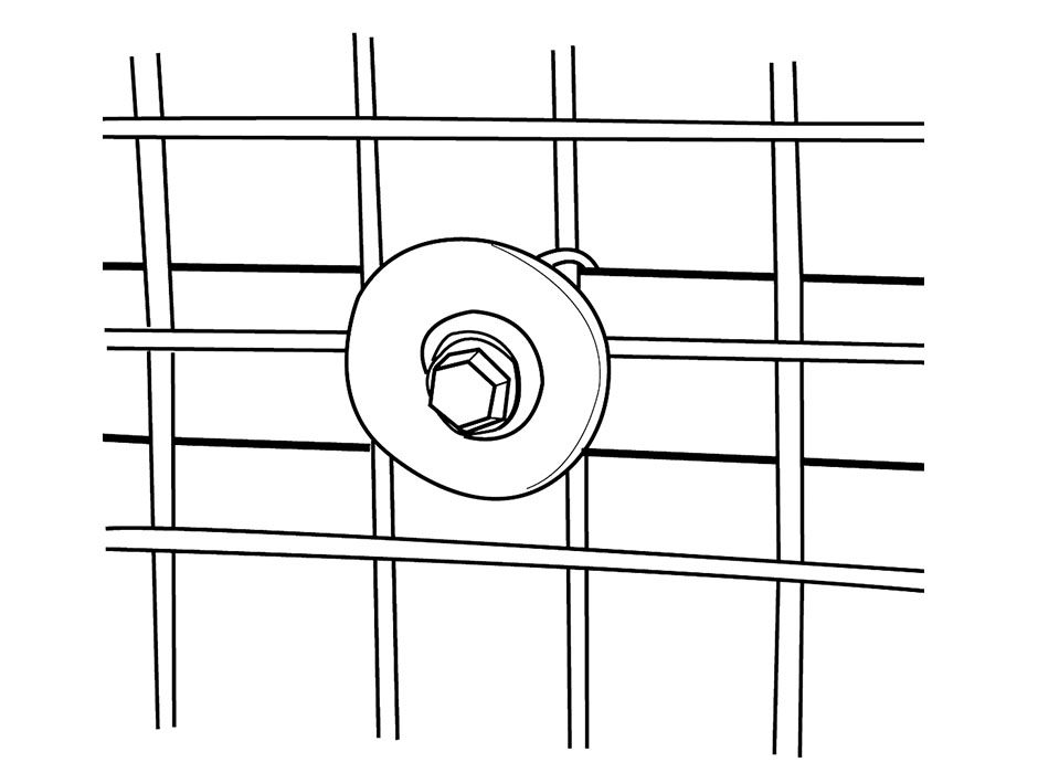 Figure 6 Diagram showing washer and Tec screw fixing the metal mesh to a timber rail