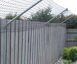 Wire cat proof mesh attached to the top portion of a backyard fence