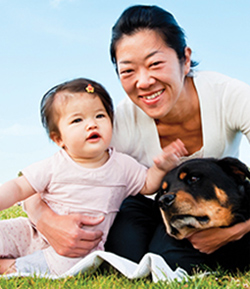 Parent, child and dog sitting together