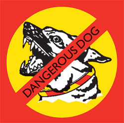 Red and yellow dangerous dog sign